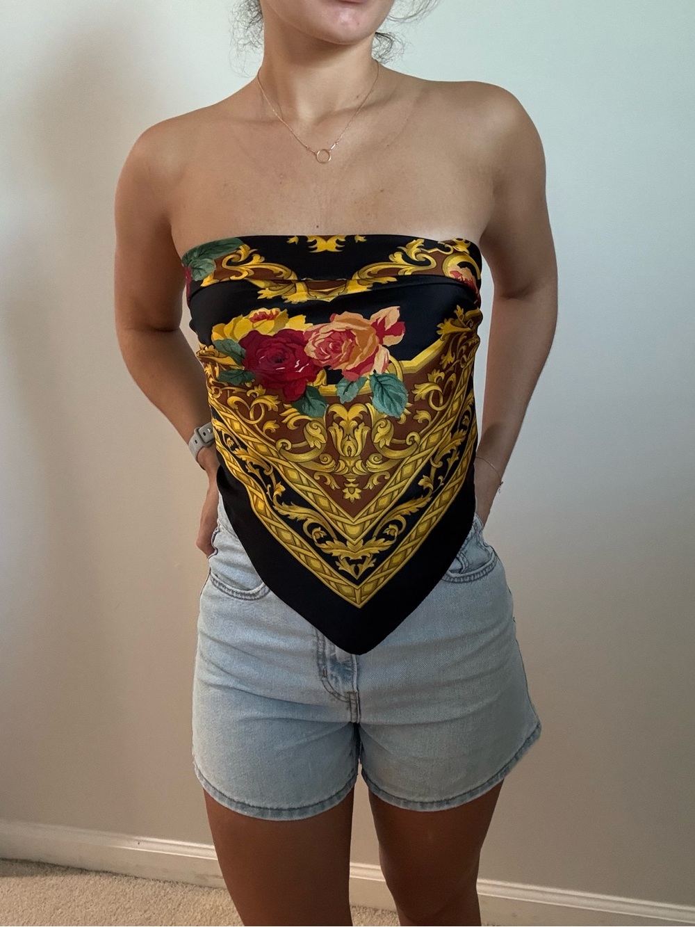 Silk-Feel Black Floral Print Scarf from Venice Italy